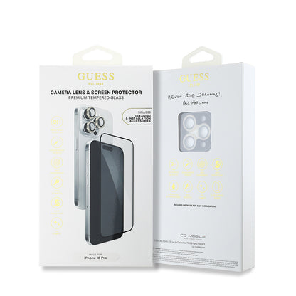 Apple iPhone 16 Pro Guess Orjinal Lisanslı Rhinestone Ekran Koruyucu + Lens Koruyucu 2in1 Aksesuar Seti Gümüş