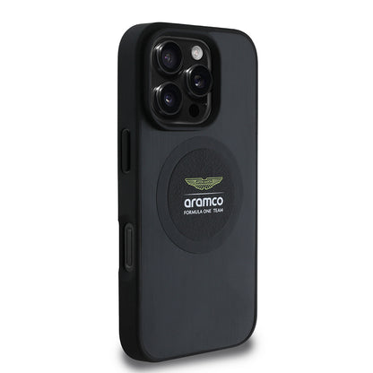 Apple iPhone 16 Pro Kılıf Aston Martin Orjinal Lisanslı M-safe Şarj Özellikli Aluminyum Arka Yüzeyli Formula One Team Baskılı Kapak Siyah