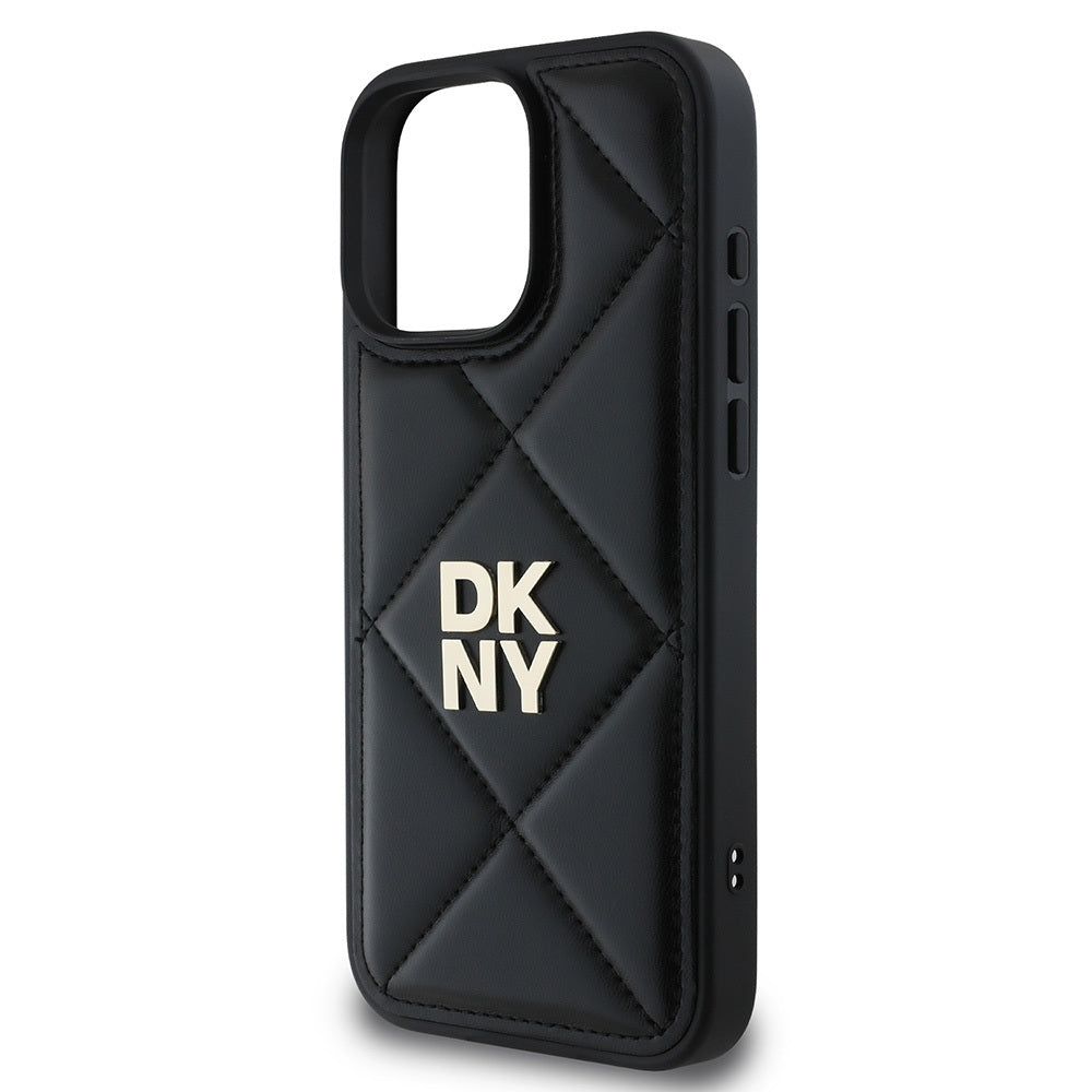 Apple iPhone 16 Pro Kılıf DKNY Orjinal Lisanslı Kapitone Tasarımlı Metal Logolu Deri Kapak Siyah