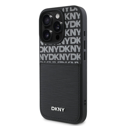 Apple iPhone 16 Pro Kılıf DKNY Orjinal Lisanslı Kartlıklı 3D Yazılı Repeat Texture Pattern Kapak Siyah