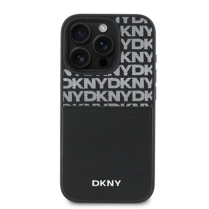 Apple iPhone 16 Pro Kılıf DKNY Orjinal Lisanslı Kartlıklı 3D Yazılı Repeat Texture Pattern Kapak Siyah