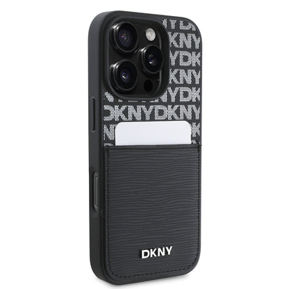 Apple iPhone 16 Pro Kılıf DKNY Orjinal Lisanslı Kartlıklı 3D Yazılı Repeat Texture Pattern Kapak Siyah