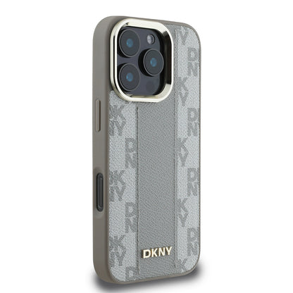 Apple iPhone 16 Pro Kılıf DKNY Orjinal Lisanslı M-safe Şarj Özellikli 3D Yazılı Checkered Pattern Kapak Bej