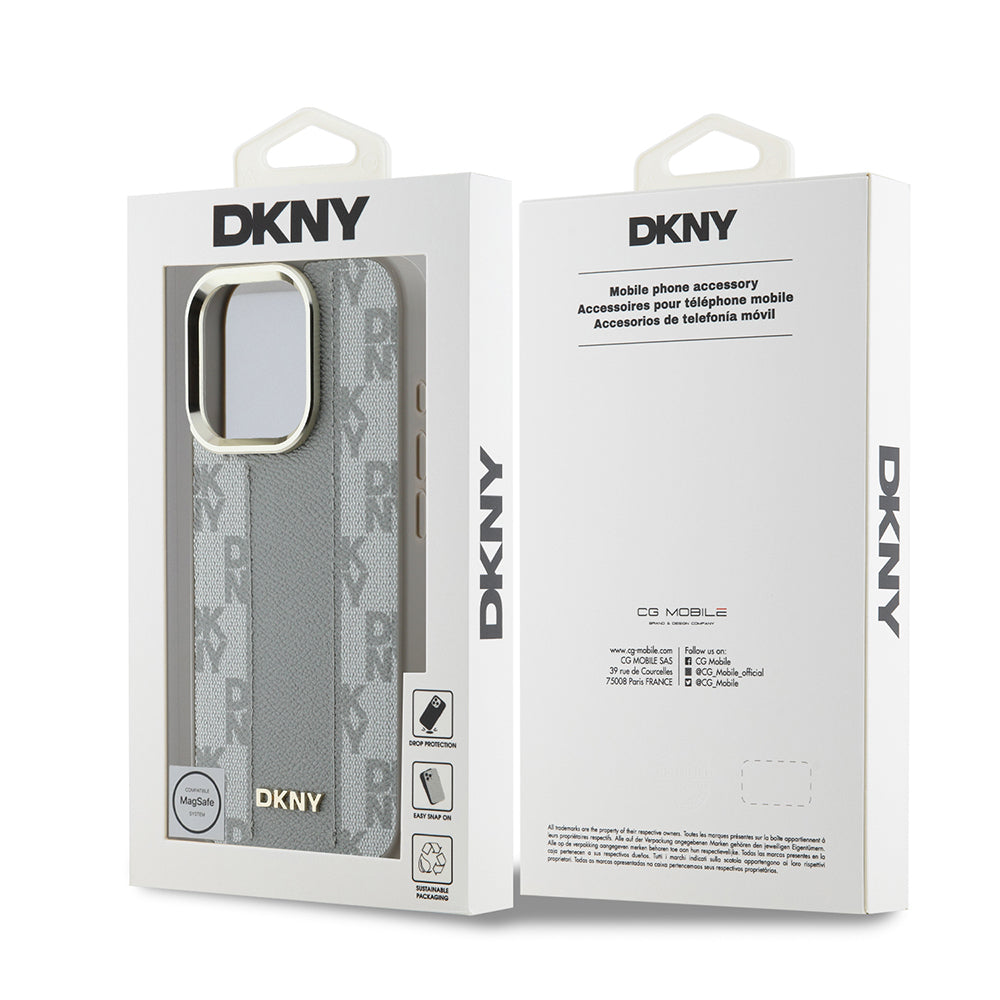 Apple iPhone 16 Pro Kılıf DKNY Orjinal Lisanslı M-safe Şarj Özellikli 3D Yazılı Checkered Pattern Kapak Bej
