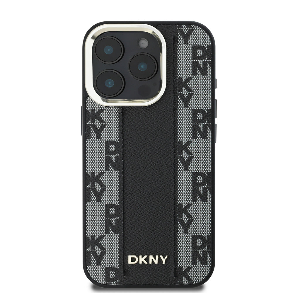 Apple iPhone 16 Pro Kılıf DKNY Orjinal Lisanslı M-safe Şarj Özellikli 3D Yazılı Checkered Pattern Kapak Bej