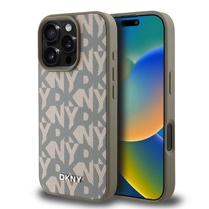 Apple iPhone 16 Pro Kılıf DKNY Orjinal Lisanslı M-safe Şarj Özellikli 3D Yazılı Grid Pattern Kapak Gri