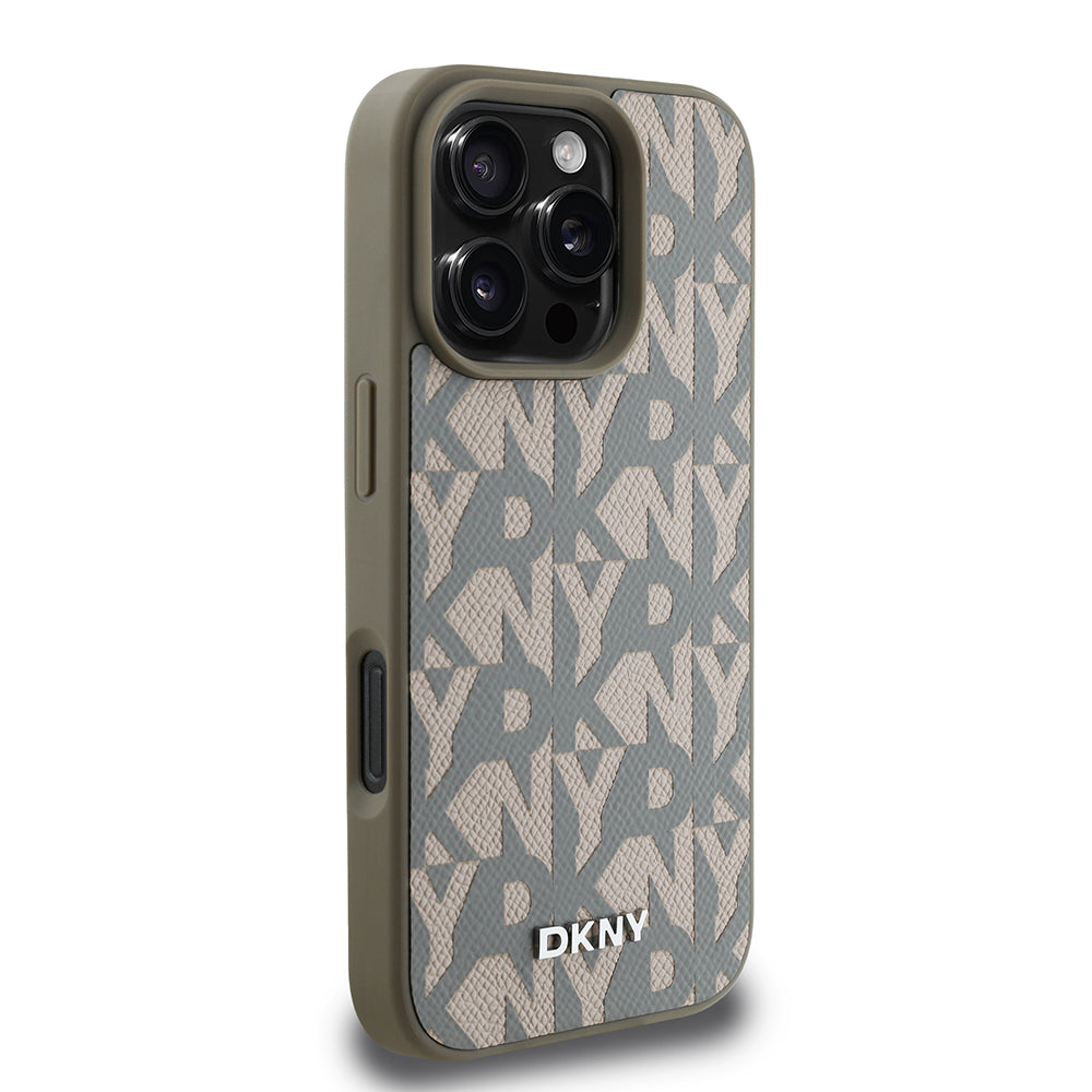 Apple iPhone 16 Pro Kılıf DKNY Orjinal Lisanslı M-safe Şarj Özellikli 3D Yazılı Grid Pattern Kapak Kahverengi