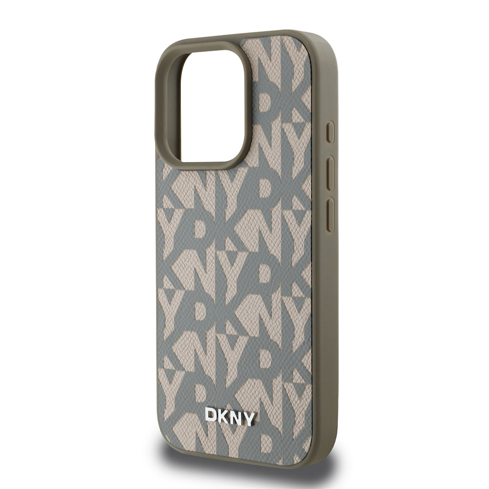 Apple iPhone 16 Pro Kılıf DKNY Orjinal Lisanslı M-safe Şarj Özellikli 3D Yazılı Grid Pattern Kapak Gri