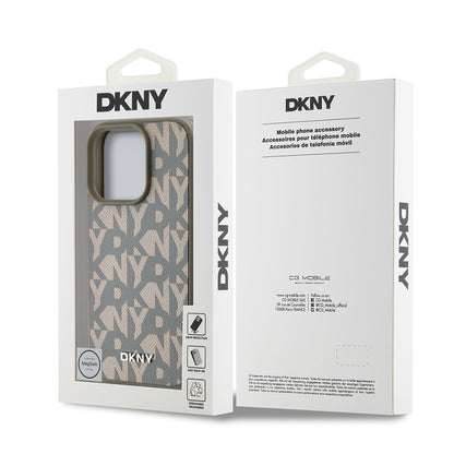 Apple iPhone 16 Pro Kılıf DKNY Orjinal Lisanslı M-safe Şarj Özellikli 3D Yazılı Grid Pattern Kapak Kahverengi