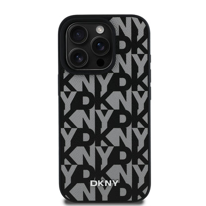 Apple iPhone 16 Pro Kılıf DKNY Orjinal Lisanslı M-safe Şarj Özellikli 3D Yazılı Grid Pattern Kapak Kahverengi