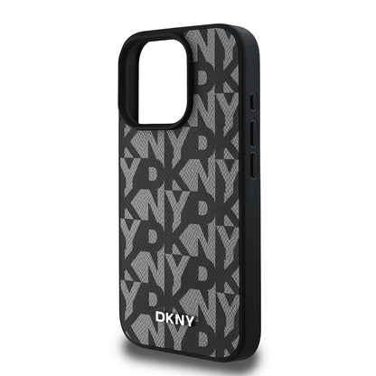 Apple iPhone 16 Pro Kılıf DKNY Orjinal Lisanslı M-safe Şarj Özellikli 3D Yazılı Grid Pattern Kapak Kahverengi