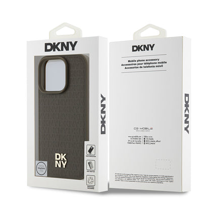 Apple iPhone 16 Pro Kılıf DKNY Orjinal Lisanslı M-safe Şarj Özellikli 3D Yazılı Repeat Pattern Kapak Kahverengi