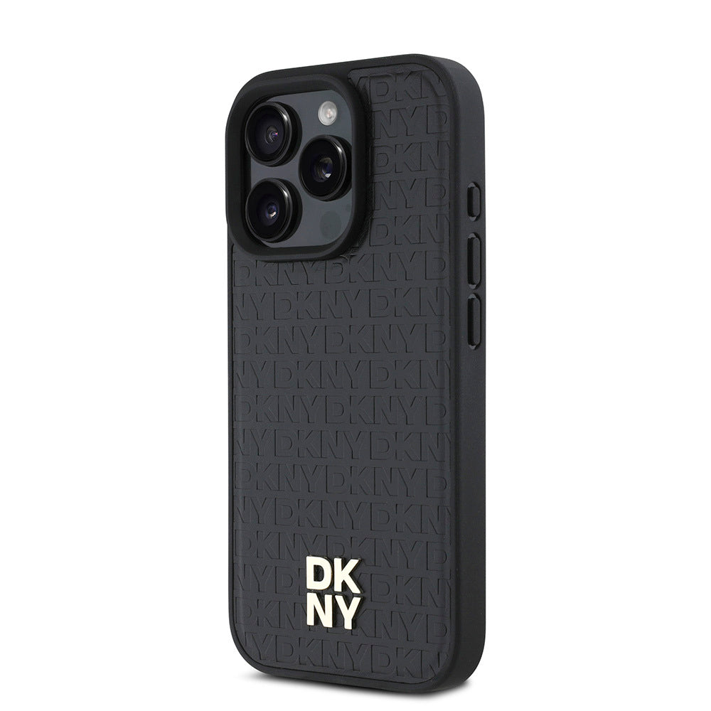 Apple iPhone 16 Pro Kılıf DKNY Orjinal Lisanslı M-safe Şarj Özellikli 3D Yazılı Repeat Pattern Kapak Siyah