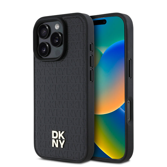 Apple iPhone 16 Pro Kılıf DKNY Orjinal Lisanslı M-safe Şarj Özellikli 3D Yazılı Repeat Pattern Kapak Kahverengi