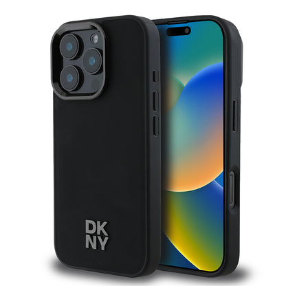 Apple iPhone 16 Pro Kılıf DKNY Orjinal Lisanslı M-safe Şarj Özellikli Metal Logolu PU Deri Plain Kapak Siyah