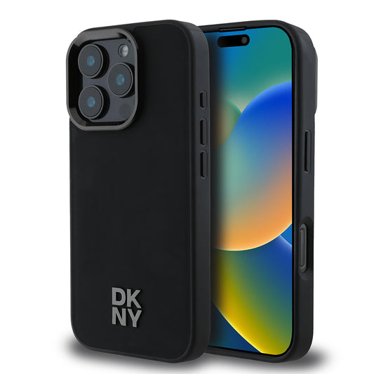 Apple iPhone 16 Pro Kılıf DKNY Orjinal Lisanslı M-safe Şarj Özellikli Metal Logolu PU Deri Plain Kapak Siyah