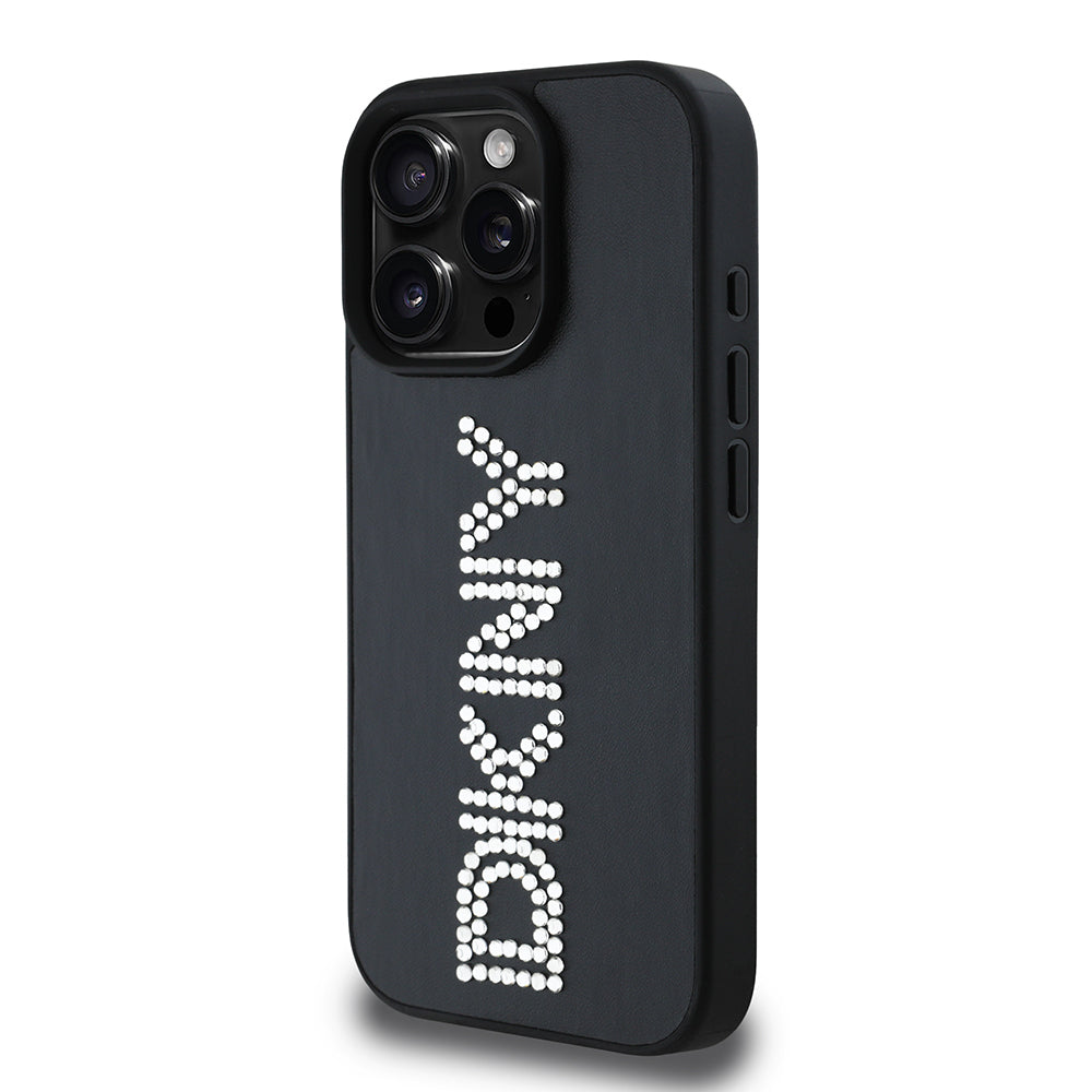 Apple iPhone 16 Pro Kılıf DKNY Orjinal Lisanslı Taşlı DKNY Yazılı Metalik Rhinestones PU Deri Kapak Kahverengi