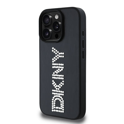 Apple iPhone 16 Pro Kılıf DKNY Orjinal Lisanslı Taşlı DKNY Yazılı Metalik Rhinestones PU Deri Kapak Kahverengi