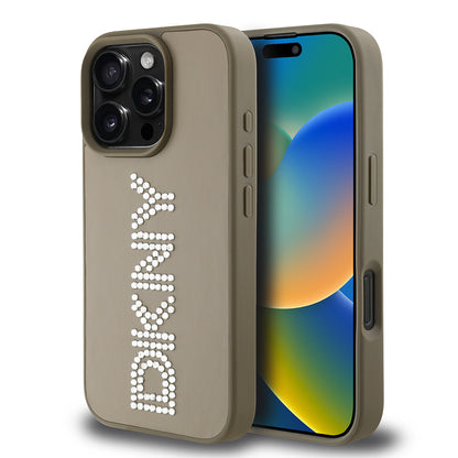 Apple iPhone 16 Pro Kılıf DKNY Orjinal Lisanslı Taşlı DKNY Yazılı Metalik Rhinestones PU Deri Kapak Siyah