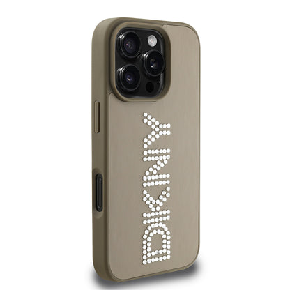 Apple iPhone 16 Pro Kılıf DKNY Orjinal Lisanslı Taşlı DKNY Yazılı Metalik Rhinestones PU Deri Kapak Siyah