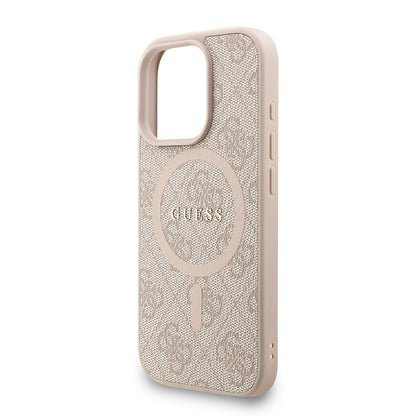 Apple iPhone 16 Pro Kılıf Guess Orjinal Lisanslı M-safe Şarj Özellikli PU Deri Bilek Askı İpli Yazı Logolu Kapak Pembe