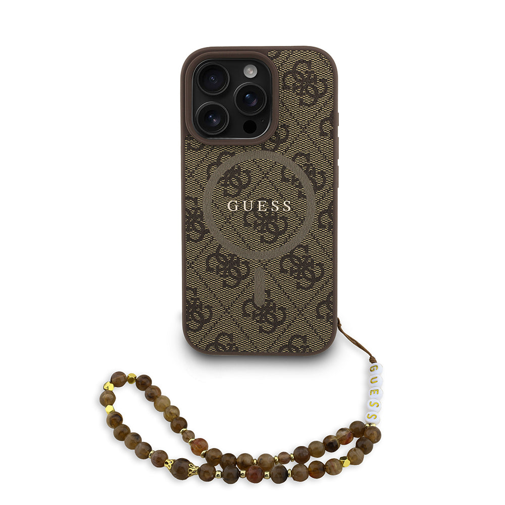 Apple iPhone 16 Pro Kılıf Guess Orjinal Lisanslı M-safe Şarj Özellikli PU Deri Bilek Askı İpli Yazı Logolu Kapak Kahverengi