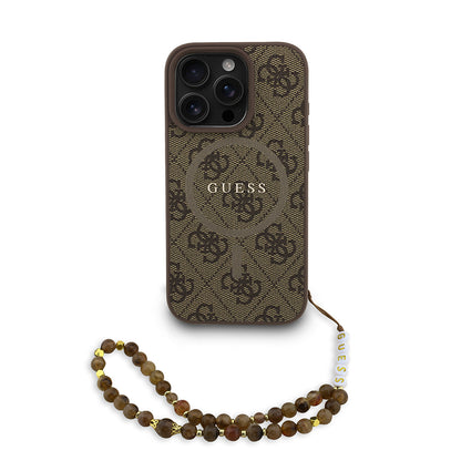 Apple iPhone 16 Pro Kılıf Guess Orjinal Lisanslı M-safe Şarj Özellikli PU Deri Bilek Askı İpli Yazı Logolu Kapak Kahverengi