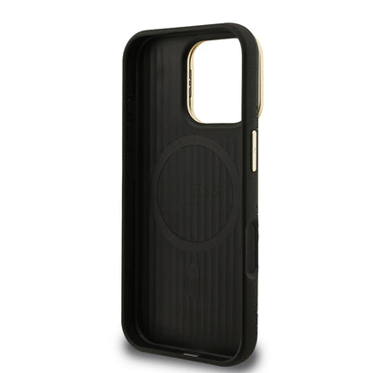 Apple iPhone 16 Pro Kılıf Guess Orjinal Lisanslı M-safe Şarj Özellikli Sıcak Baskılı Yazı Logolu Kamera Standlı PU Deri Peony Kapak Bej