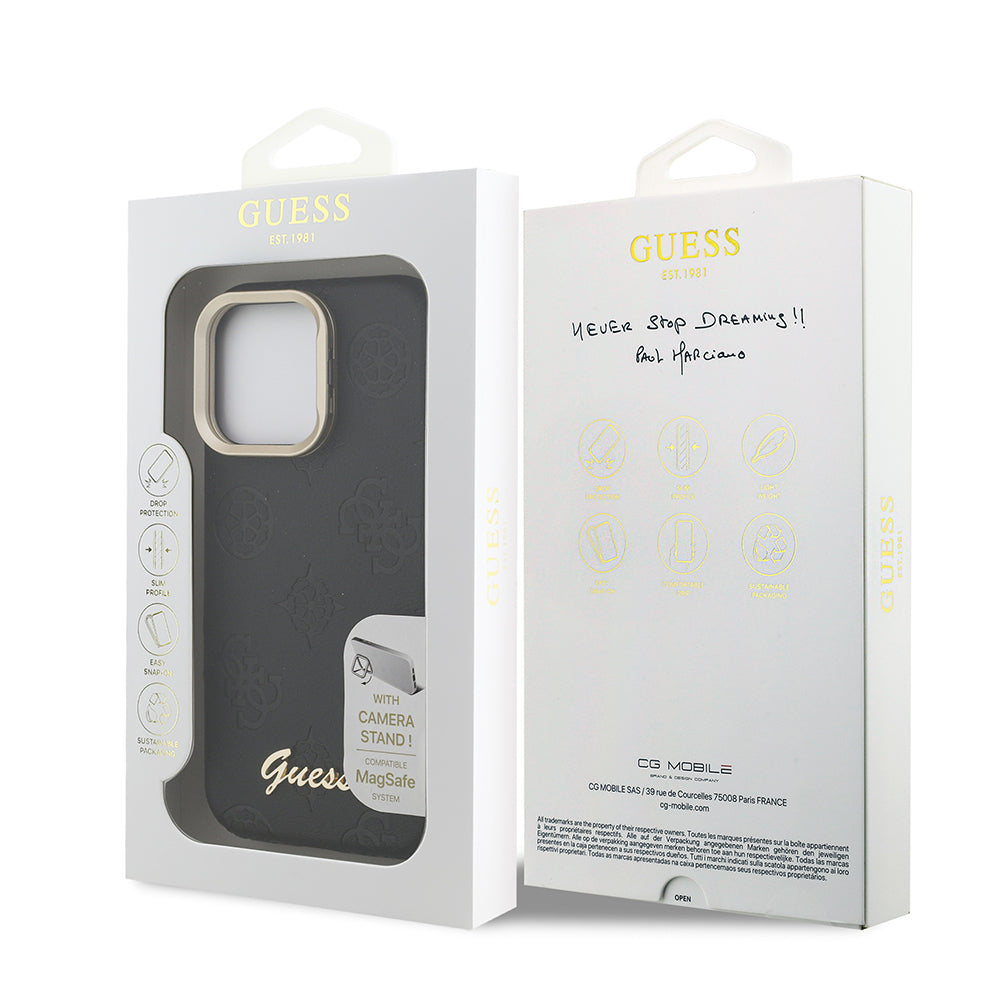 Apple iPhone 16 Pro Kılıf Guess Orjinal Lisanslı M-safe Şarj Özellikli Sıcak Baskılı Yazı Logolu Kamera Standlı PU Deri Peony Kapak Pembe