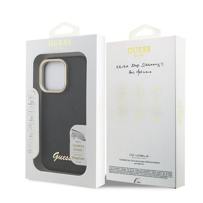 Apple iPhone 16 Pro Kılıf Guess Orjinal Lisanslı M-safe Şarj Özellikli Sıcak Baskılı Yazı Logolu Kamera Standlı PU Deri Peony Kapak Bej