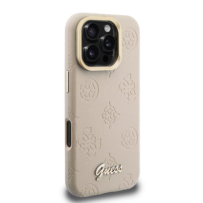 Apple iPhone 16 Pro Kılıf Guess Orjinal Lisanslı M-safe Şarj Özellikli Sıcak Baskılı Yazı Logolu Kamera Standlı PU Deri Peony Kapak Bej