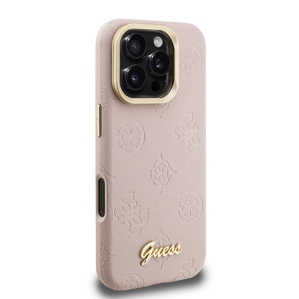 Apple iPhone 16 Pro Kılıf Guess Orjinal Lisanslı M-safe Şarj Özellikli Sıcak Baskılı Yazı Logolu Kamera Standlı PU Deri Peony Kapak Bej