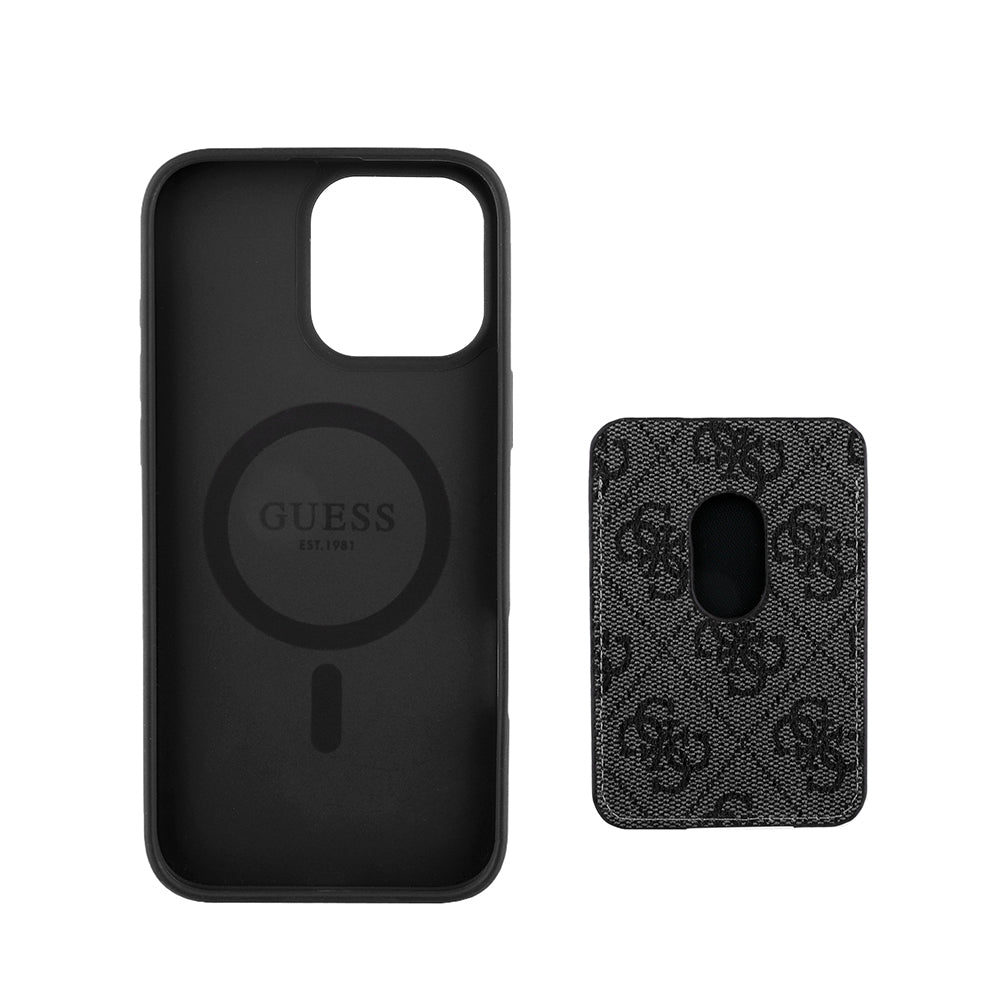 Apple iPhone 16 Pro Kılıf Guess Orjinal Lisanslı M-safe Şarj Özellikli 4G Desenli Çizgili Kartlıklı Kapak Kahverengi