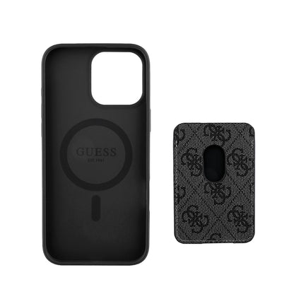 Apple iPhone 16 Pro Kılıf Guess Orjinal Lisanslı M-safe Şarj Özellikli 4G Desenli Çizgili Kartlıklı Kapak Siyah