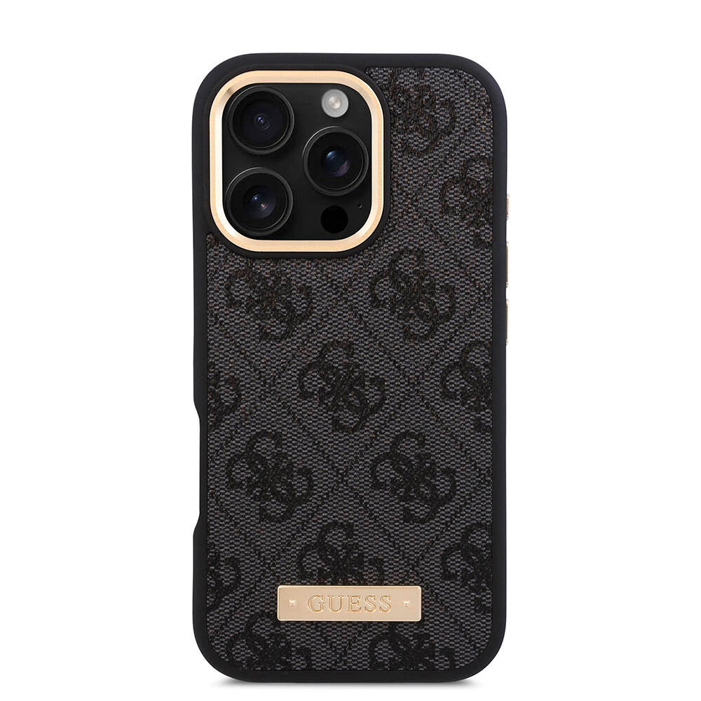 Apple iPhone 16 Pro Kılıf Guess Orjinal Lisanslı M-safe Şarj Özellikli 4G Desenli PU Metal Plaka Klasik Logolu Kapak Siyah