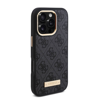 Apple iPhone 16 Pro Kılıf Guess Orjinal Lisanslı M-safe Şarj Özellikli 4G Desenli PU Metal Plaka Klasik Logolu Kapak Siyah