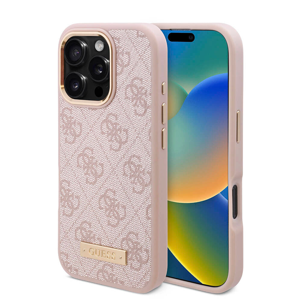 Apple iPhone 16 Pro Kılıf Guess Orjinal Lisanslı M-safe Şarj Özellikli 4G Desenli PU Metal Plaka Klasik Logolu Kapak Kahverengi