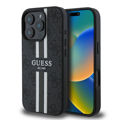 Apple iPhone 16 Pro Kılıf Guess Orjinal Lisanslı M-safe Şarj Özellikli 4G Şerit Tasarımlı Printed Kapak Pembe