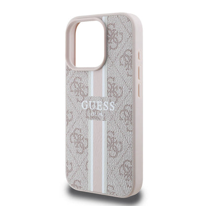 Apple iPhone 16 Pro Kılıf Guess Orjinal Lisanslı M-safe Şarj Özellikli 4G Şerit Tasarımlı Printed Kapak Pembe