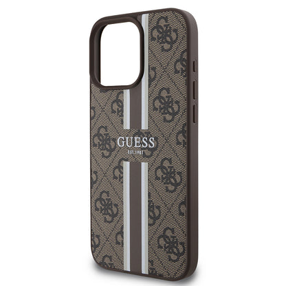 Apple iPhone 16 Pro Kılıf Guess Orjinal Lisanslı M-safe Şarj Özellikli 4G Şerit Tasarımlı Printed Kapak Kahverengi