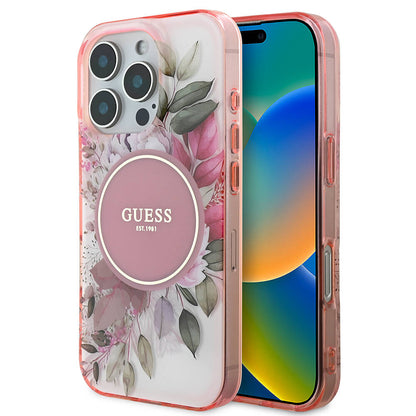 Apple iPhone 16 Pro Kılıf Guess Orjinal Lisanslı M-safe Şarj Özellikli Flower Tonal Circle Kapak Mor