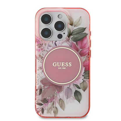 Apple iPhone 16 Pro Kılıf Guess Orjinal Lisanslı M-safe Şarj Özellikli Flower Tonal Circle Kapak Yeşil