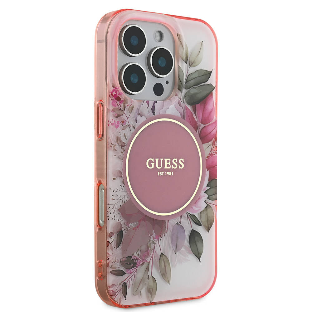 Apple iPhone 16 Pro Kılıf Guess Orjinal Lisanslı M-safe Şarj Özellikli Flower Tonal Circle Kapak Pembe