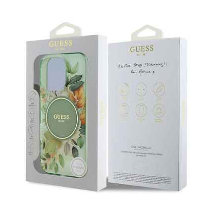 Apple iPhone 16 Pro Kılıf Guess Orjinal Lisanslı M-safe Şarj Özellikli Flower Tonal Circle Kapak Yeşil
