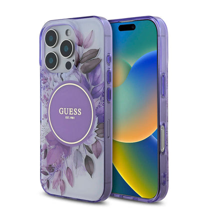 Apple iPhone 16 Pro Kılıf Guess Orjinal Lisanslı M-safe Şarj Özellikli Flower Tonal Circle Kapak Mor