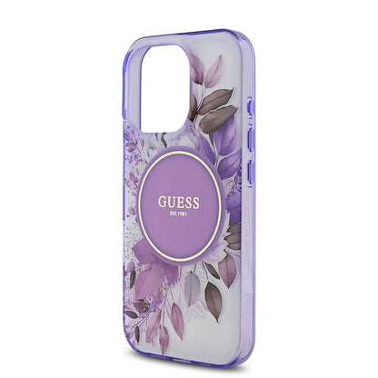 Apple iPhone 16 Pro Kılıf Guess Orjinal Lisanslı M-safe Şarj Özellikli Flower Tonal Circle Kapak Mor