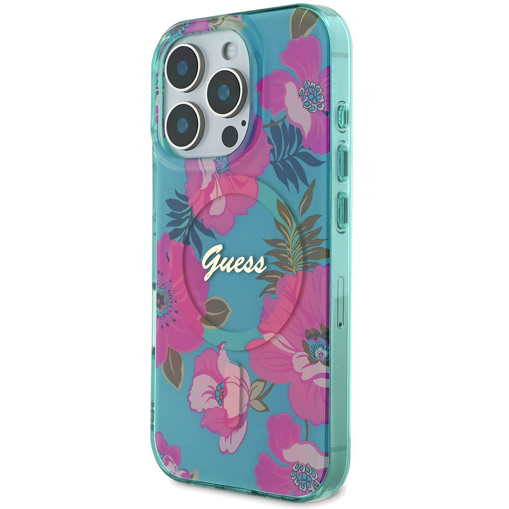 Apple iPhone 16 Pro Kılıf Guess Orjinal Lisanslı M-safe Şarj Özellikli Flower Tone On Tone Ring Kapak Pembe