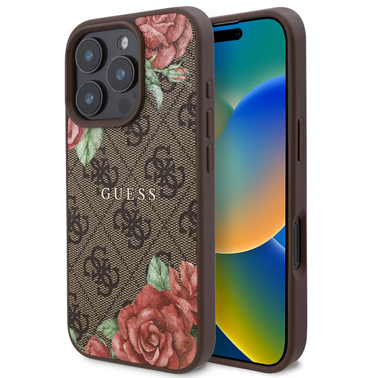 Apple iPhone 16 Pro Kılıf Guess Orjinal Lisanslı M-safe Şarj Özellikli Gül Baskılı 4G Desenli Yazı Logolu Kapak