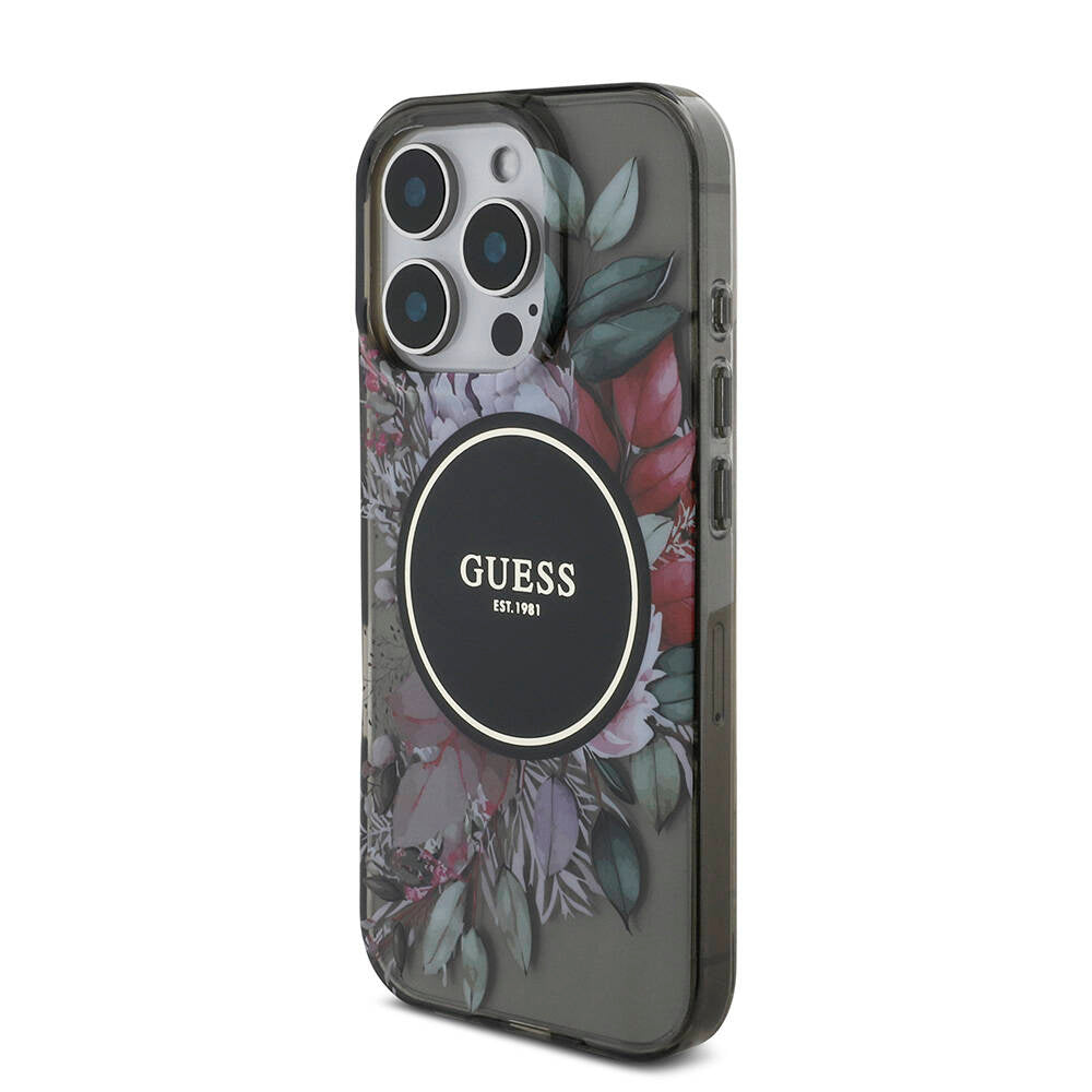 Apple iPhone 16 Pro Kılıf Guess Orjinal Lisanslı M-safe Şarj Özellikli IML Baskılı Çiçek İnci Bileklikli Kapak Siyah