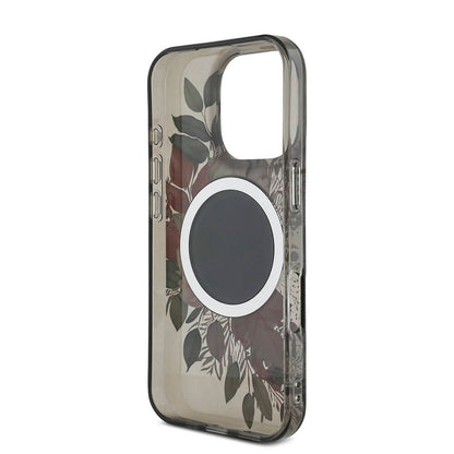 Apple iPhone 16 Pro Kılıf Guess Orjinal Lisanslı M-safe Şarj Özellikli IML Baskılı Çiçek İnci Bileklikli Kapak Mor